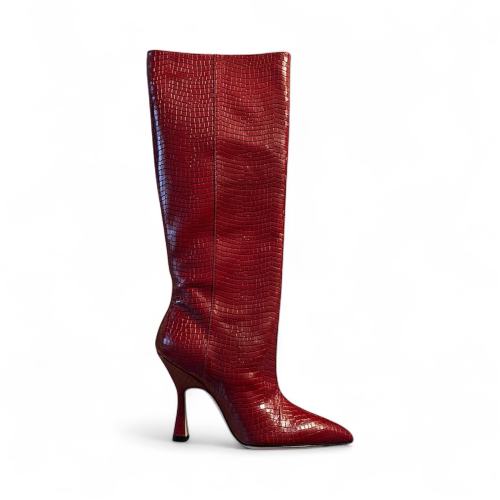 Stuart Weitzman Red Croc-Pattern Heeled Boots